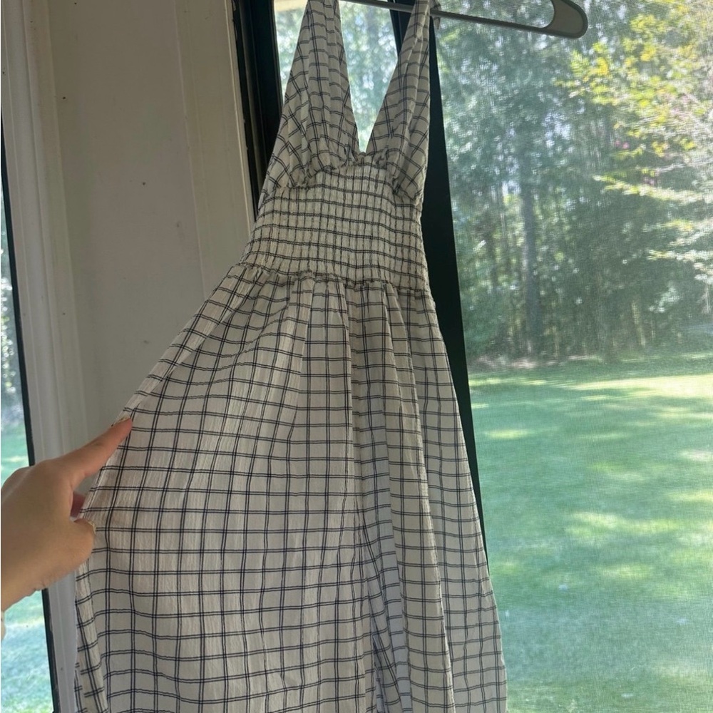 Urban Outfitters White and Blue Checkered Backless Dress